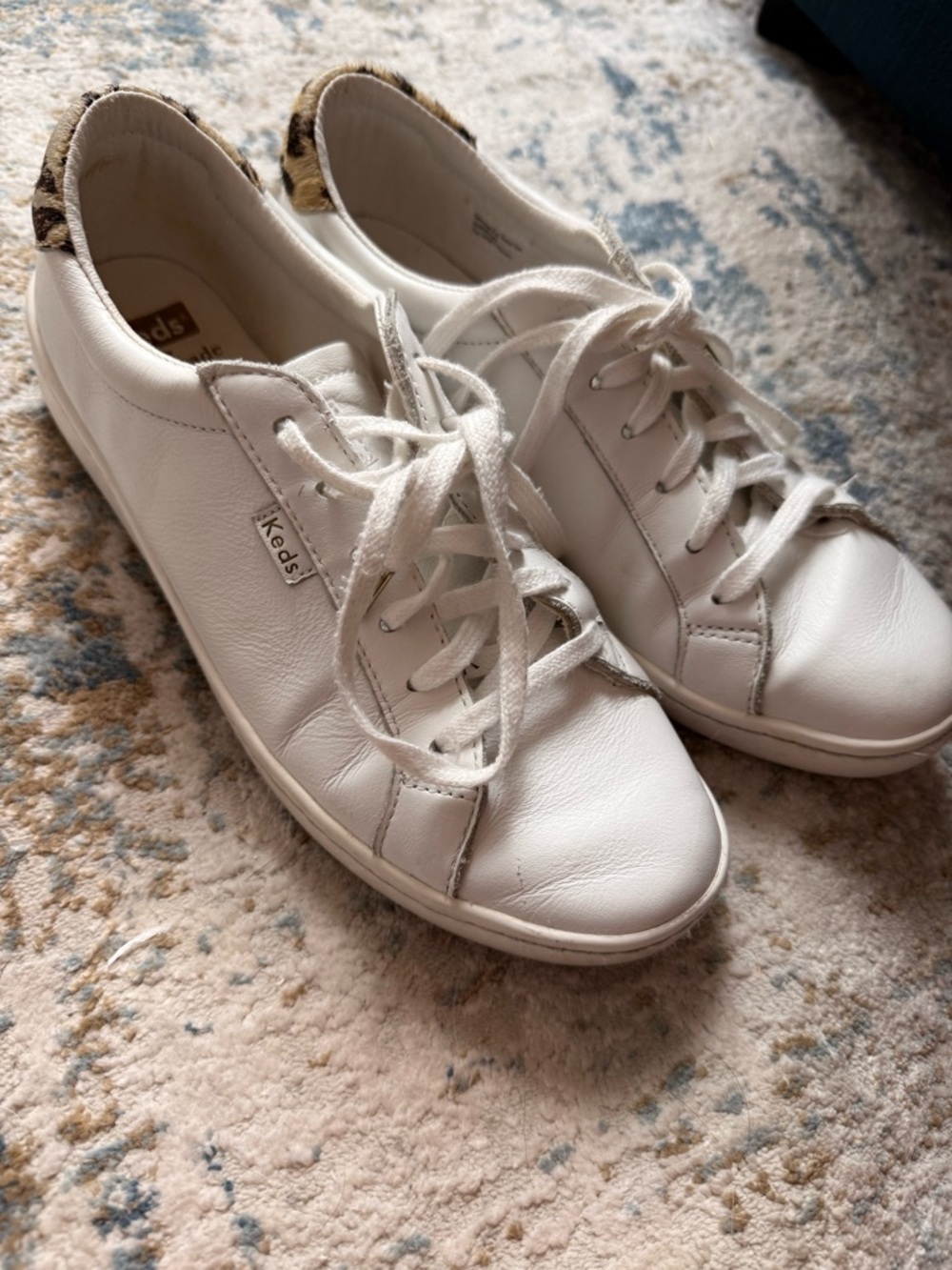 kate spade White Leather Lace-Up Sneakers with Leopard Heel Accent
